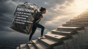 Woman carrying the heavy burden of perfectionism while climbing a staircase of checklists, representing fear of mistakes, self-criticism, comparison, exhaustion, and the need for self-acceptance.